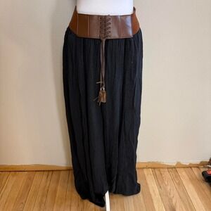 Double Zero Black Maxi Skirt Brown Leather Belt Women's Sz M Renaissance Boho